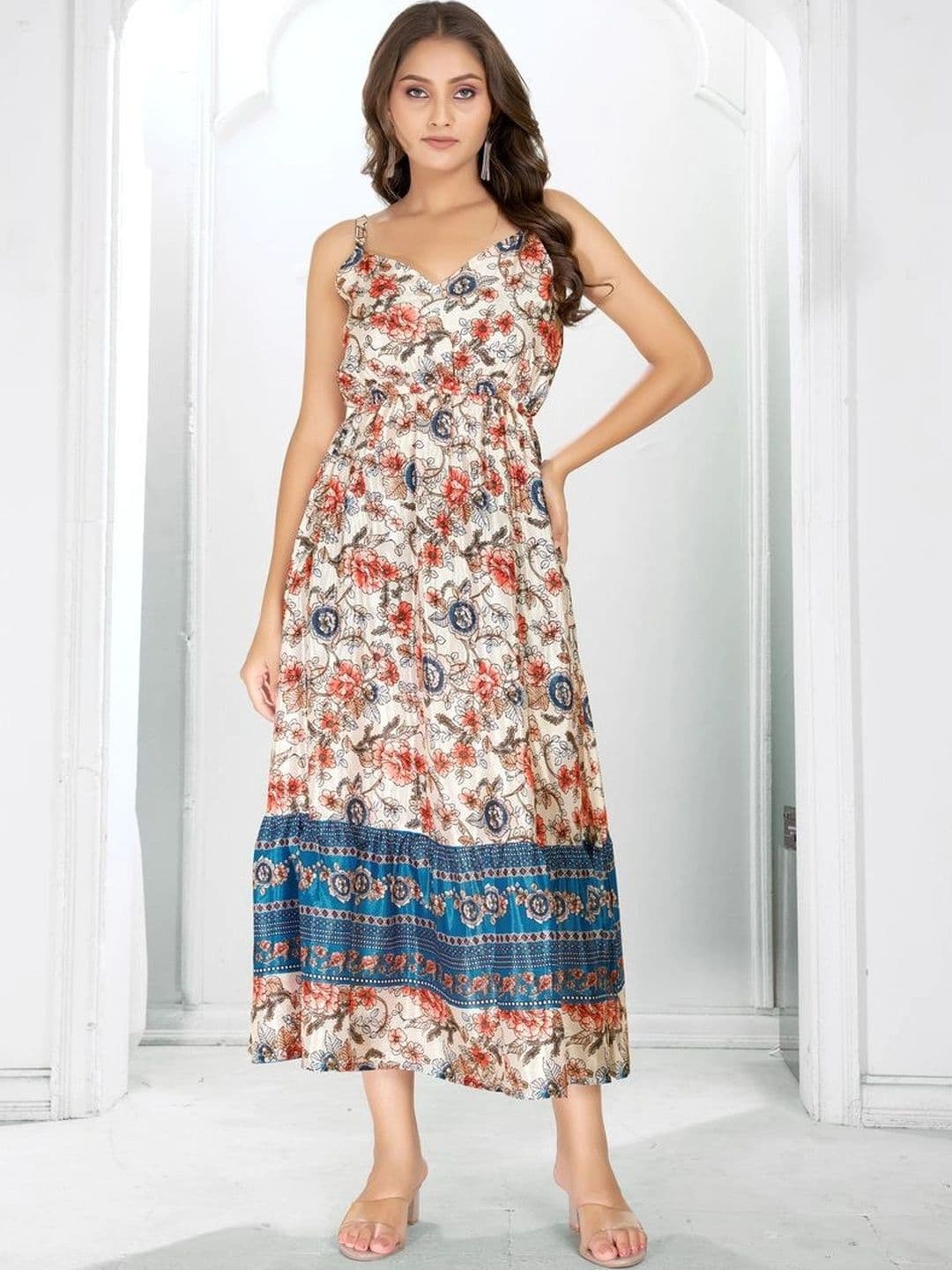 HR FASHION ZONE Printed V-Neck A-Line Midi Dress thumbnail 5