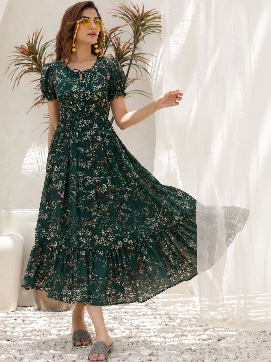 QENA Floral Print Puff Sleeve Georgette A-Line Midi Dress thumbnail 6