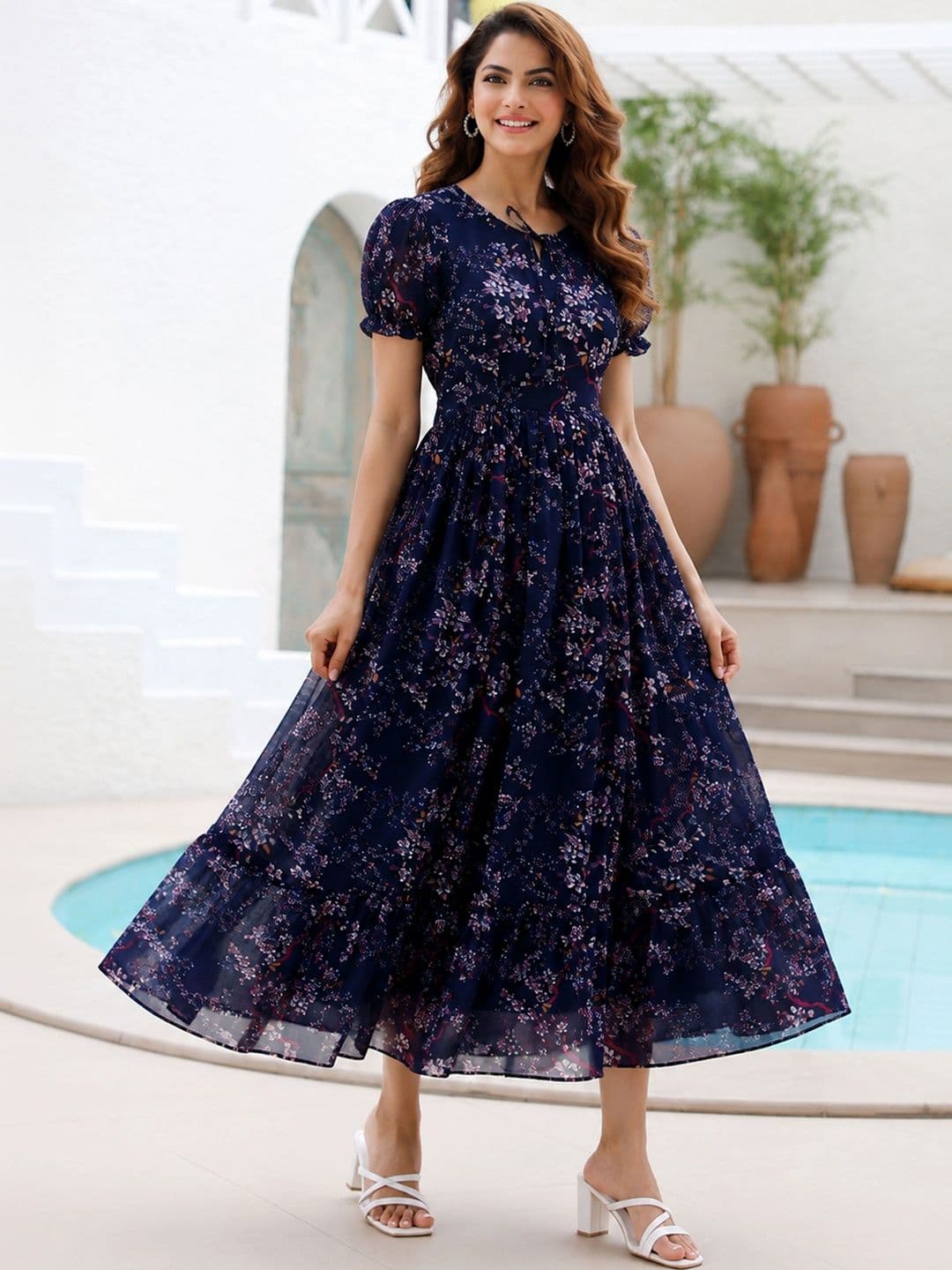 QENA Floral Print Puff Sleeve Georgette A-Line Midi Dress thumbnail 5