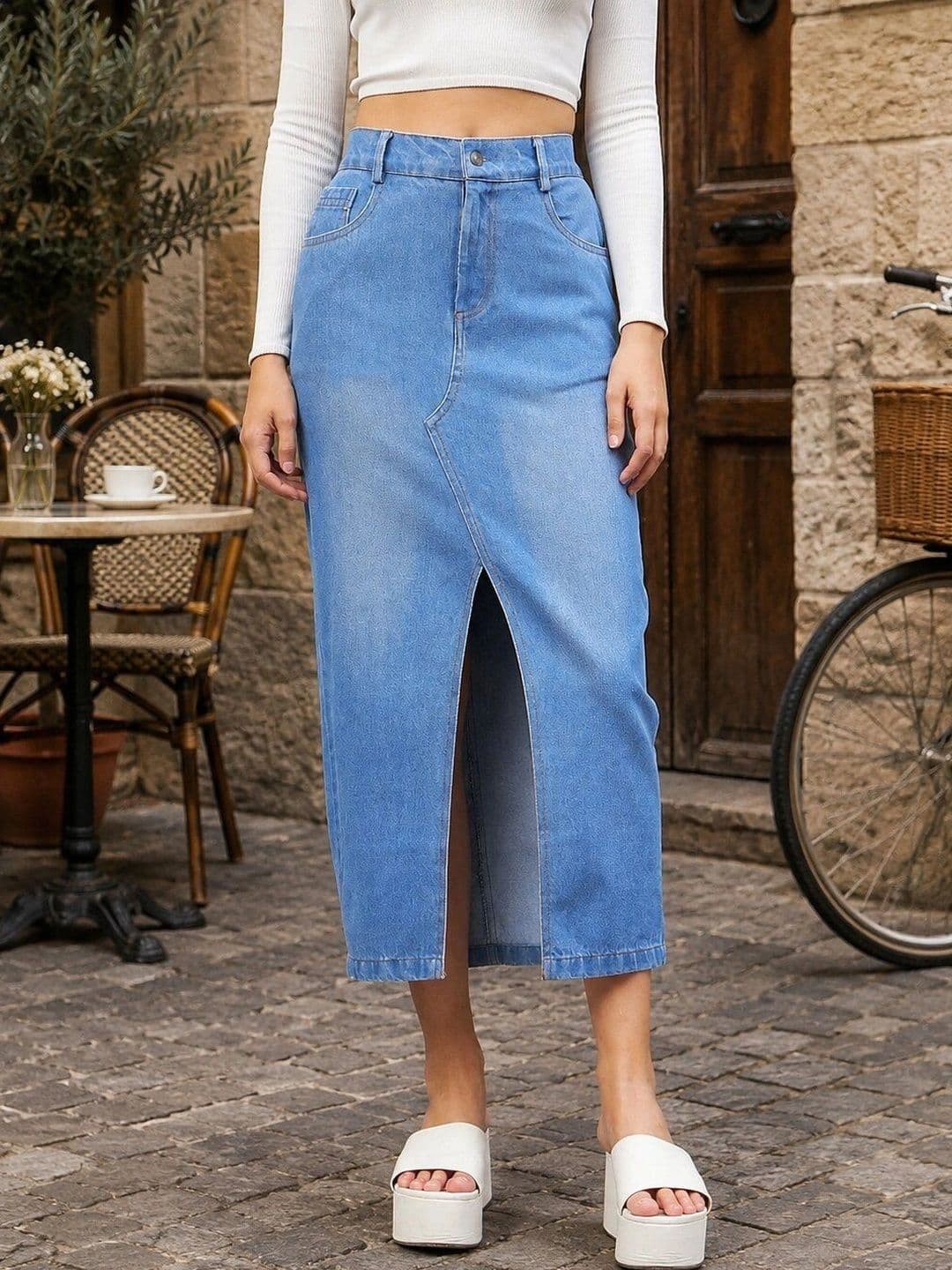 Chemistry Women Denim Front Slit Midi Straight Skirt thumbnail 5