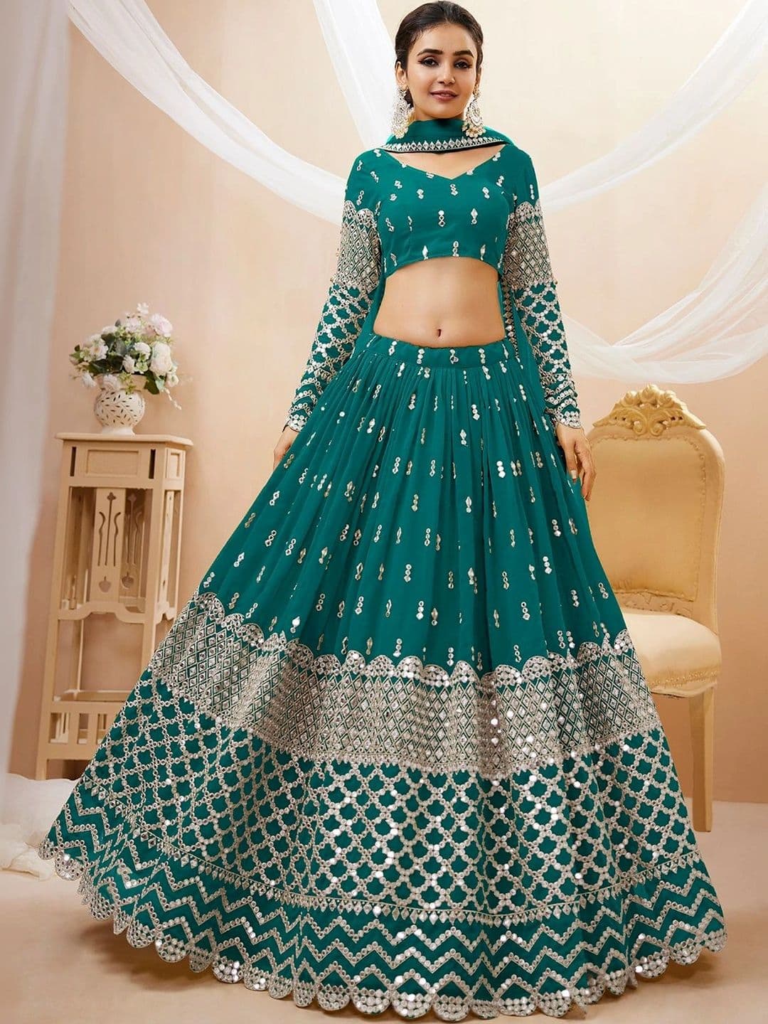Zeel Clothing Embellished Mirror Work Semi-Stitched Lehenga & Unstitched Blouse With Dupatta thumbnail 3