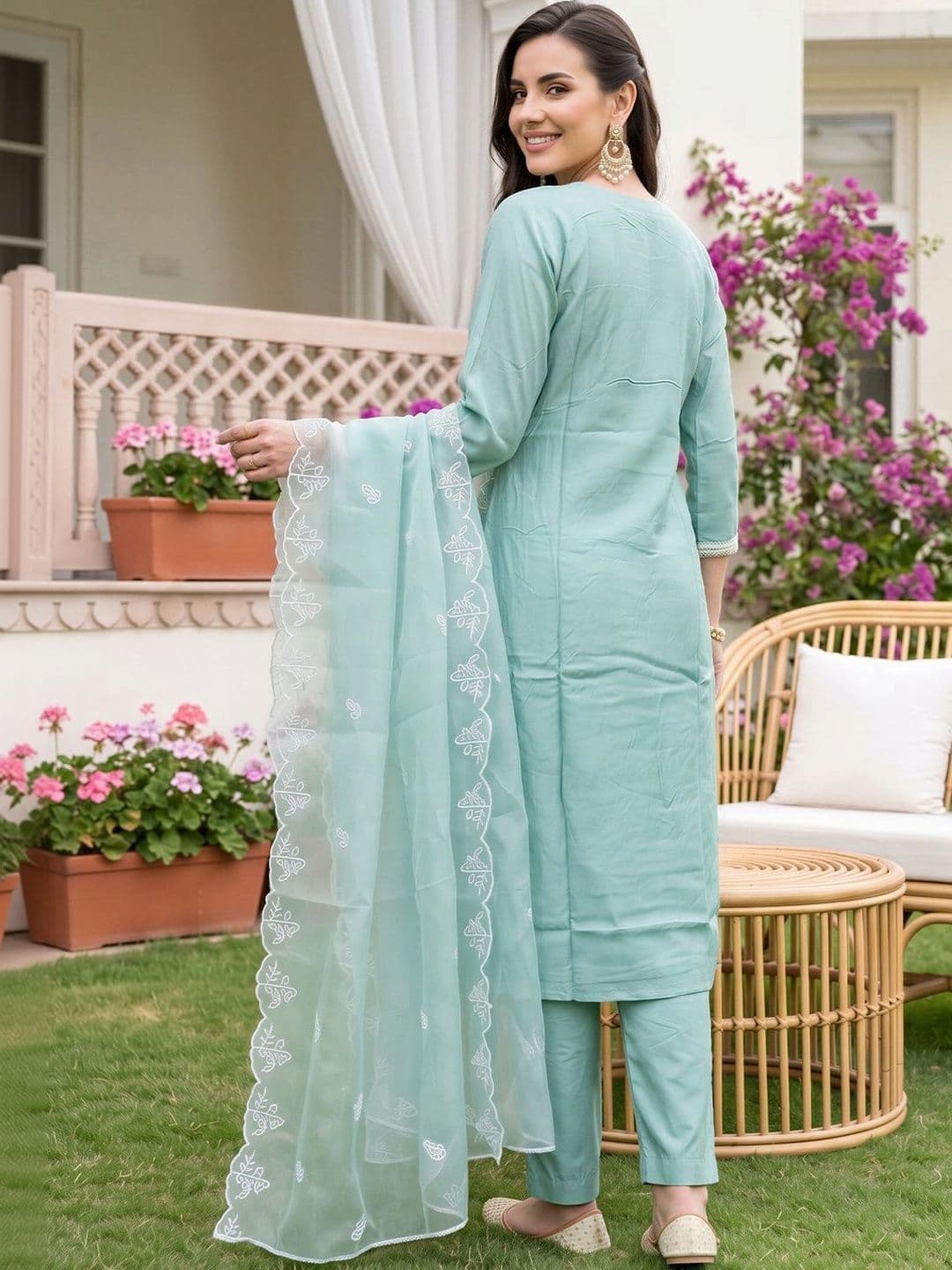 Indo Era Women Ethnic Motifs Embroidered Regular Thread Work Kurta with Trousers & With Dupatta thumbnail 2