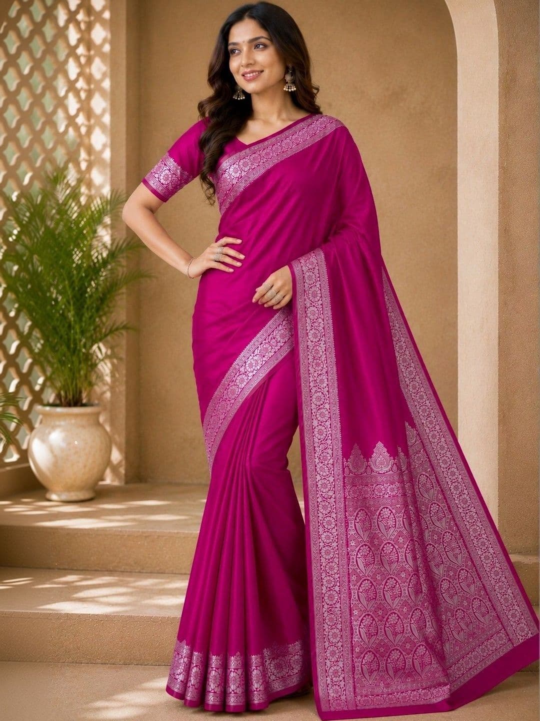 Prisan Women Rani Kumkum Woven Banarasi Soft Silk Saree with Unstitched Blouse thumbnail 2
