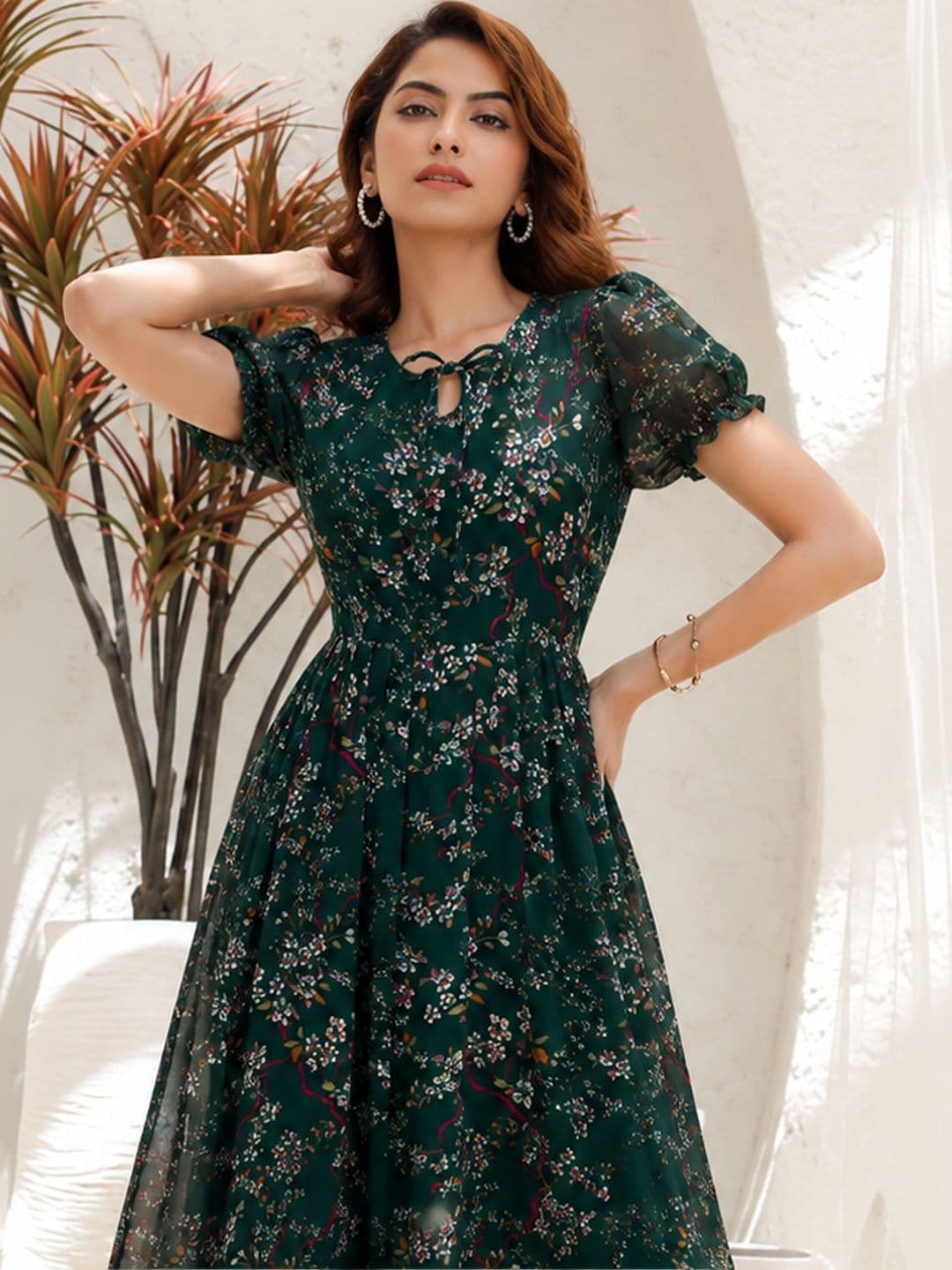 QENA Floral Print Puff Sleeve Georgette A-Line Midi Dress thumbnail 7
