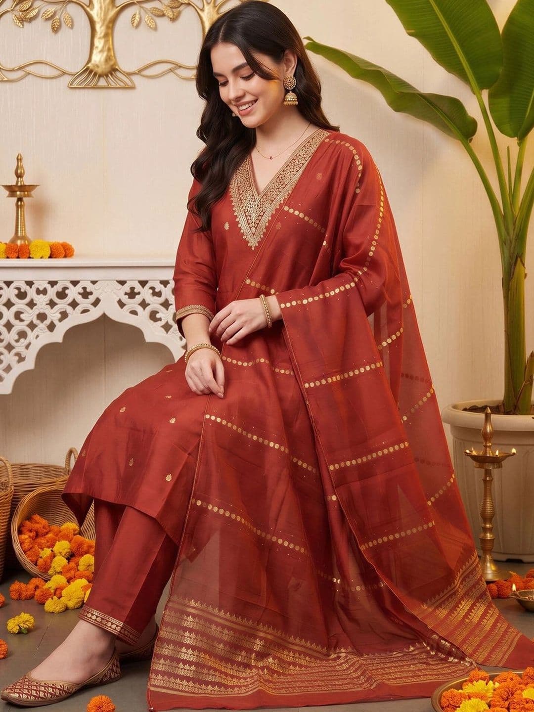 Indo Era Women Ethnic Motifs Embroidered Regular Kurta with Trousers & With Dupatta - view 1