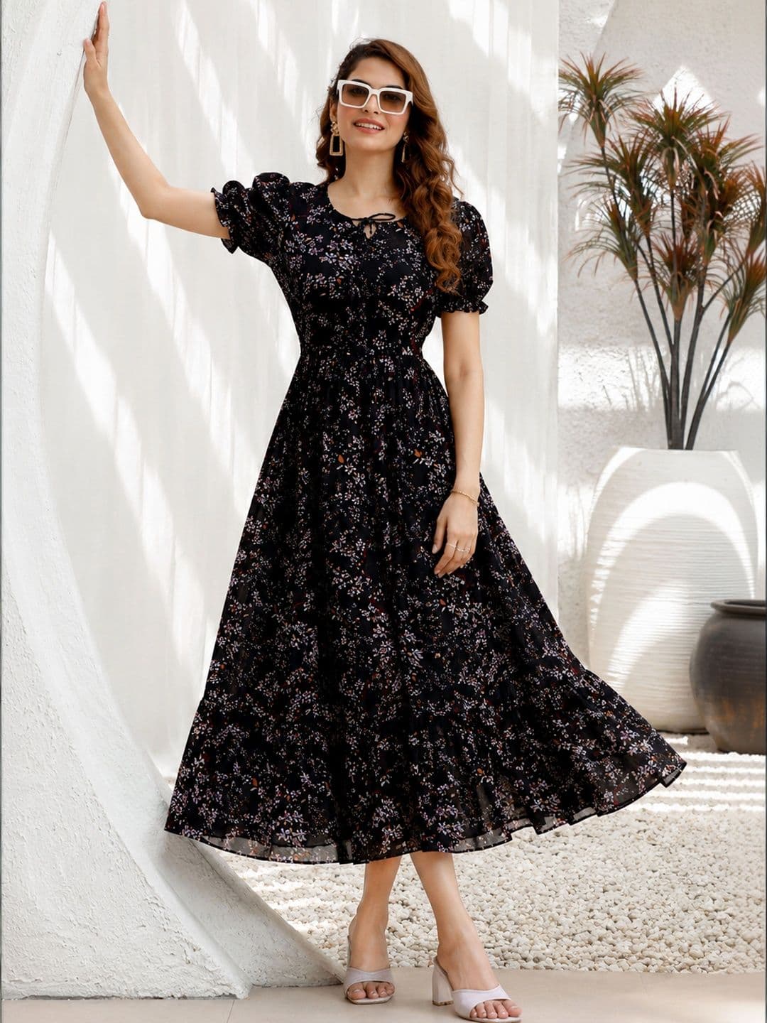 QENA Floral Print Puff Sleeve Georgette A-Line Maxi Dress thumbnail 5