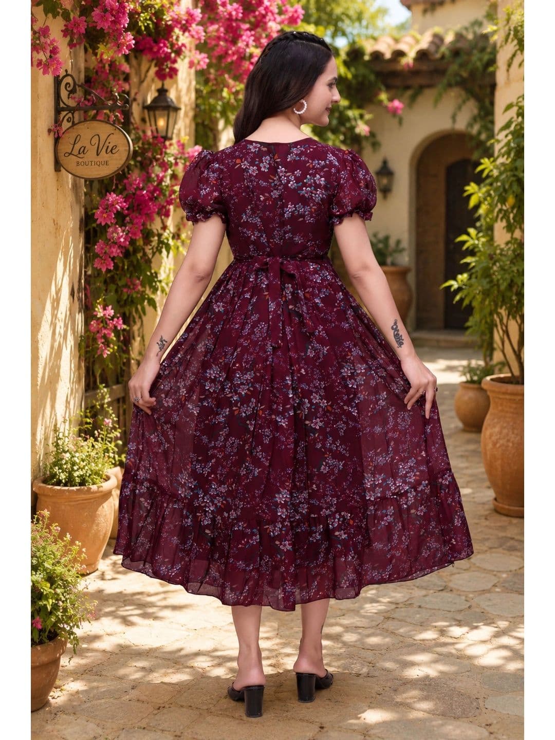 QENA Floral Print Puff Sleeve Georgette A-Line Midi Dress thumbnail 5