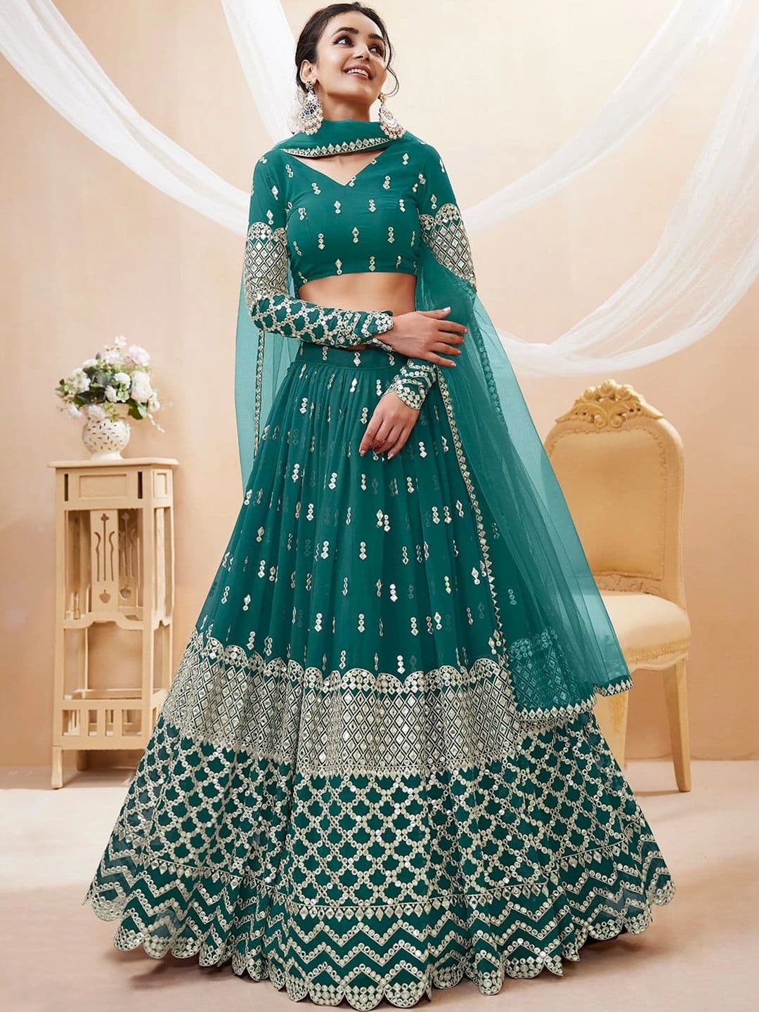 Zeel Clothing Embellished Mirror Work Semi-Stitched Lehenga & Unstitched Blouse With Dupatta - view 1