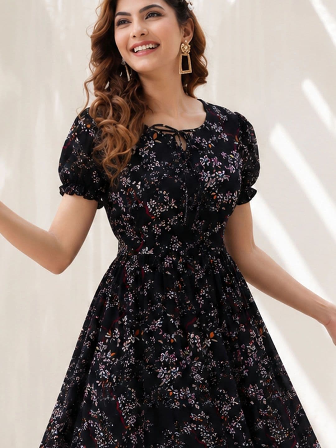 QENA Floral Print Puff Sleeve Georgette A-Line Maxi Dress thumbnail 6