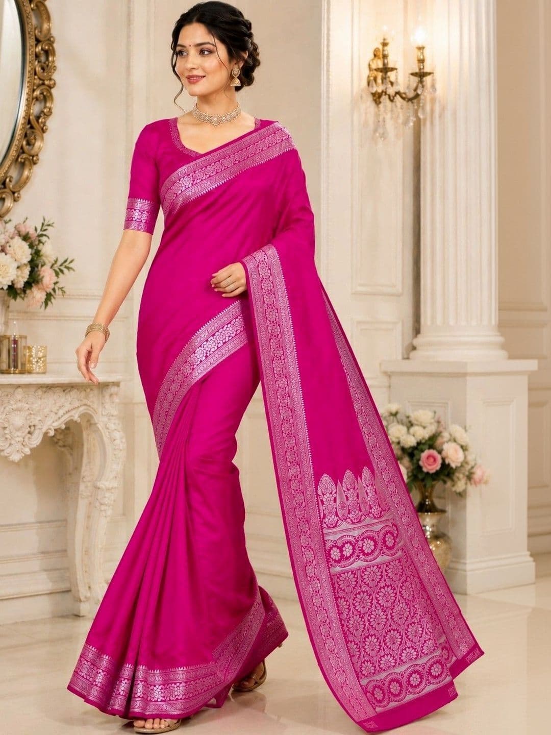 Prisan Women Rani Kumkum Woven Banarasi Soft Silk Saree with Unstitched Blouse - view 1