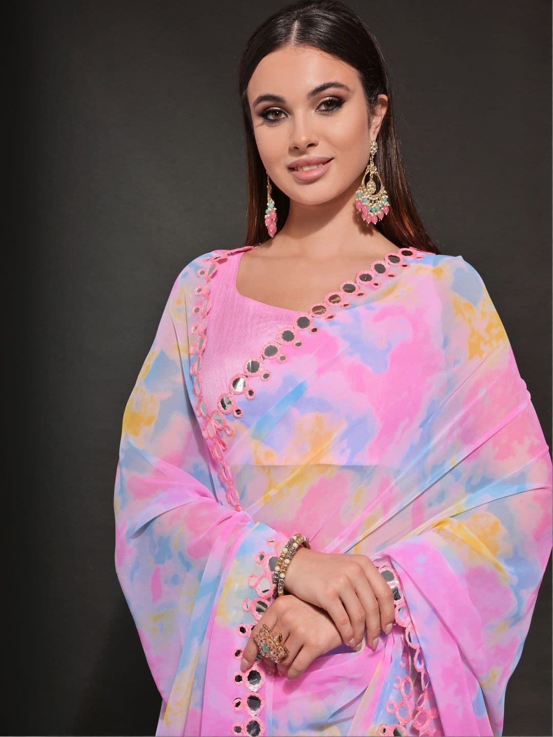 Mitera Tie and Dye Mirror Work Pure Georgette Saree thumbnail 4