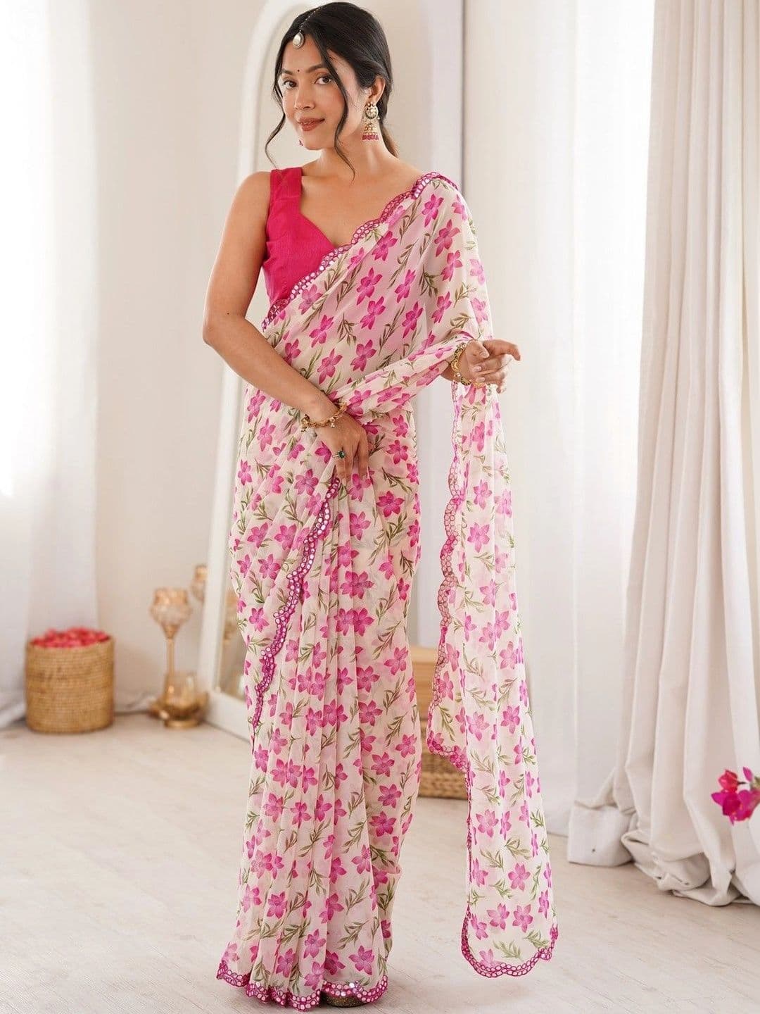 Mitera Floral Mirror Work Poly Georgette Saree thumbnail 7