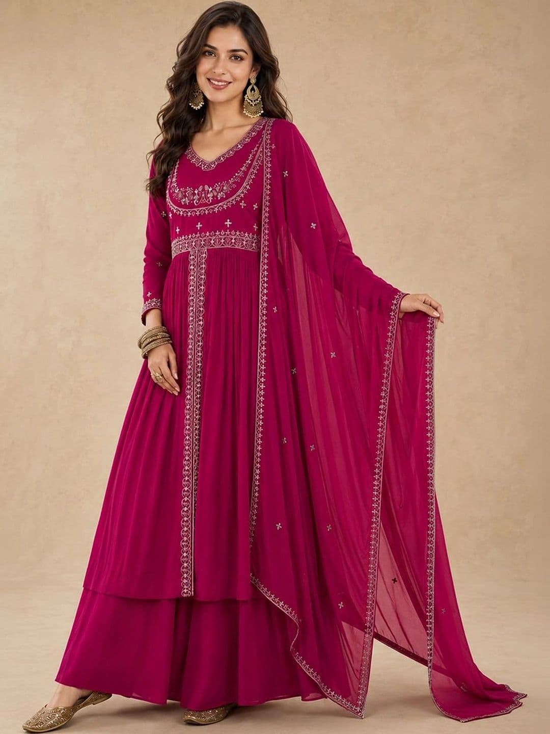 Varanga Women Ethnic Motifs Embroidered Empire Thread Work Kurta with Palazzos & Dupatta - view 1