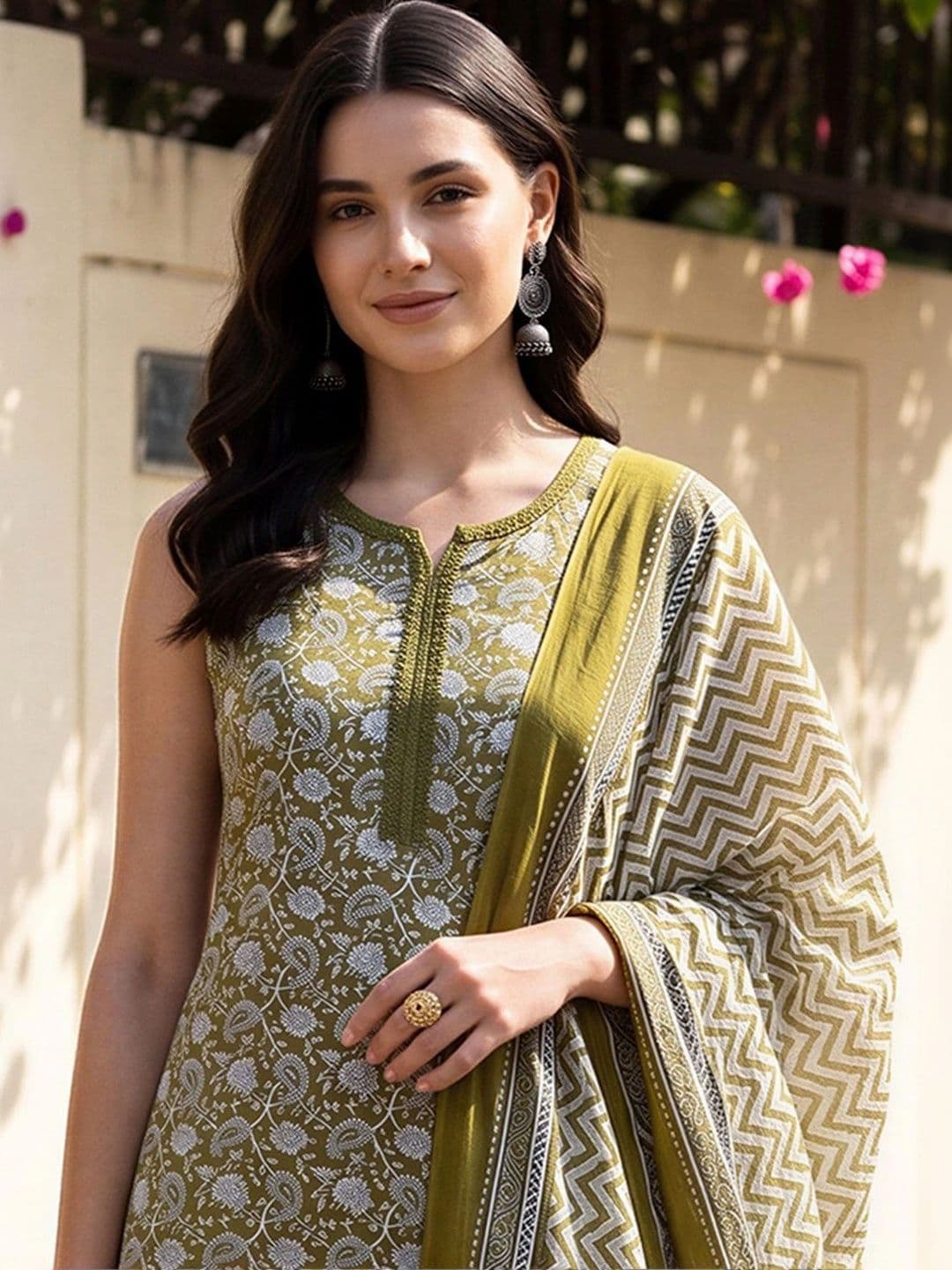 Indo Era Women Ethnic Motifs Printed Regular Pure Cotton Kurta with Trousers & With Dupatta thumbnail 5