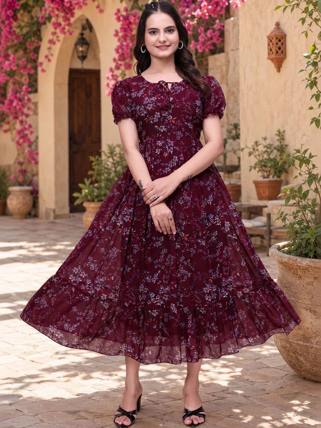 QENA Floral Print Puff Sleeve Georgette A-Line Midi Dress thumbnail 6