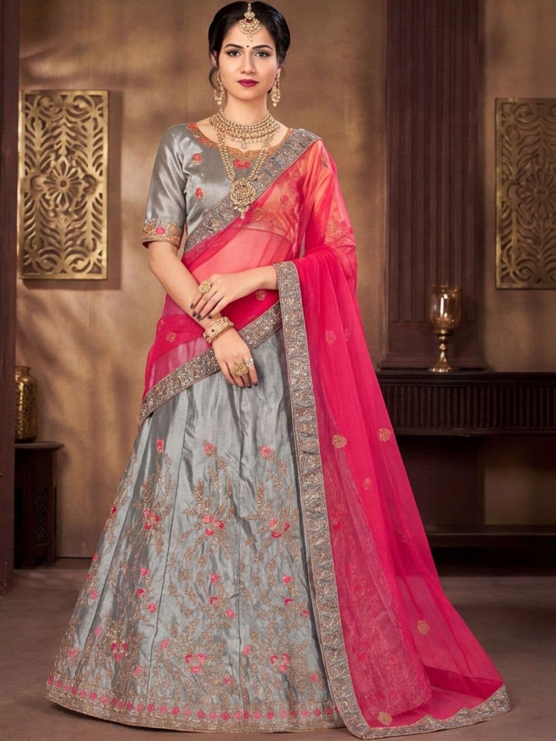 Sangria Embroidered Thread Work Semi-Stitched Lehenga & Unstitched Blouse With Dupatta thumbnail 5
