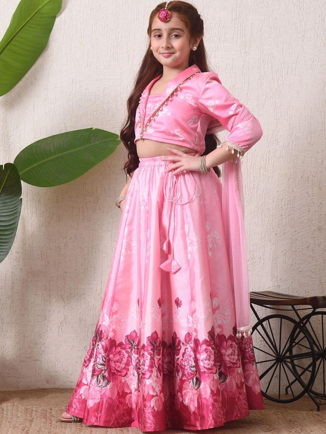 Indi-Loom Couture Girls Printed Beads and Stones Ready to Wear Lehenga & Blouse With Dupatta thumbnail 2