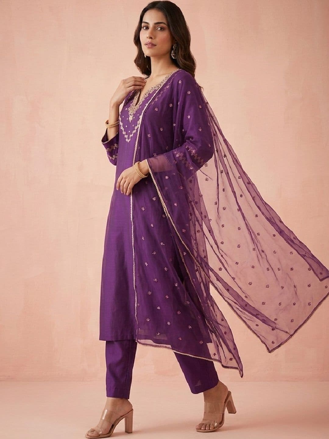 Varanga Women Ethnic Motifs Embroidered Thread Work Kurta with Trousers & With Dupatta thumbnail 7