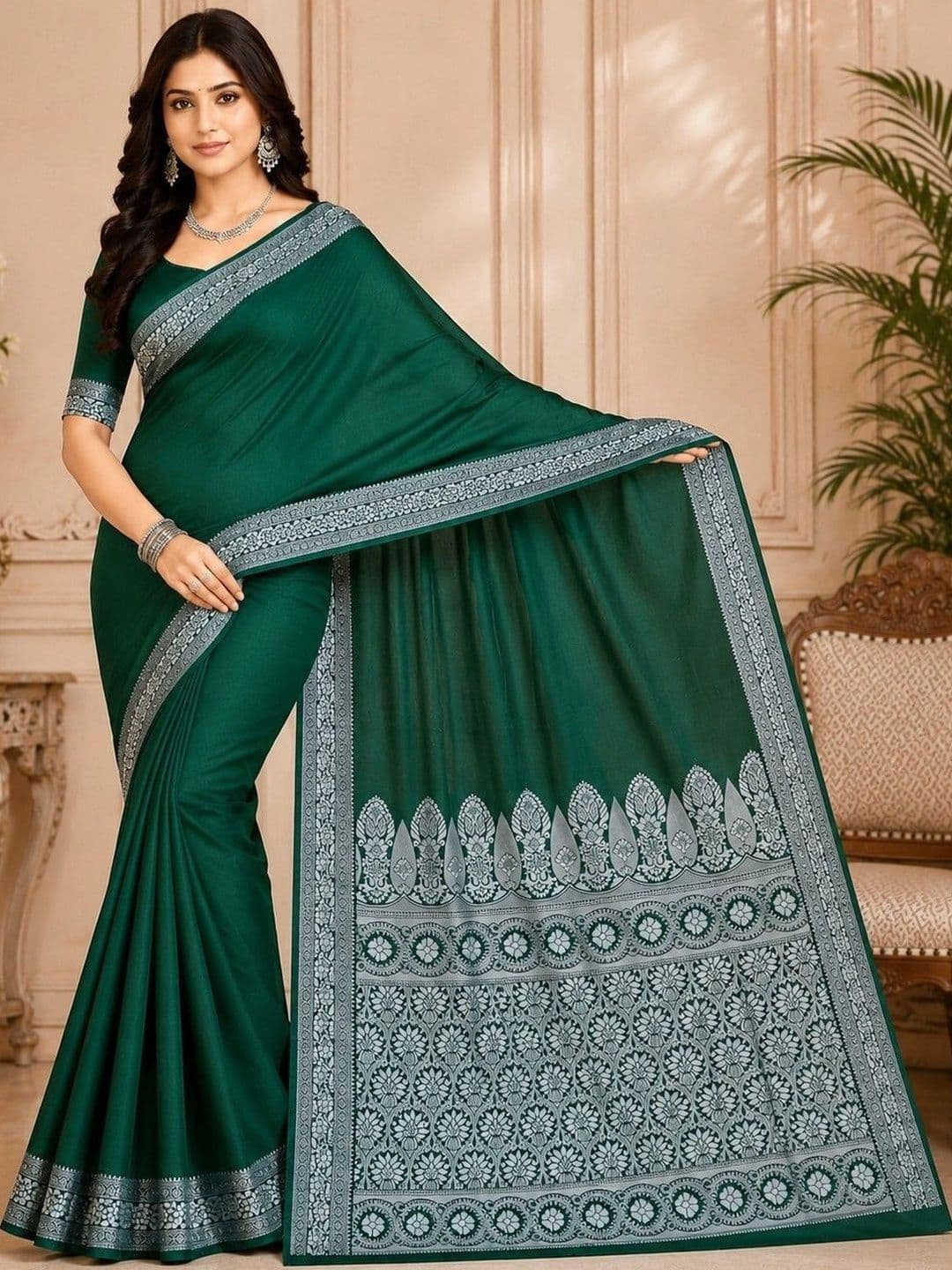 Prisan Women Green Woven Banarasi Soft Silk Saree with Unstitched Blouse thumbnail 4