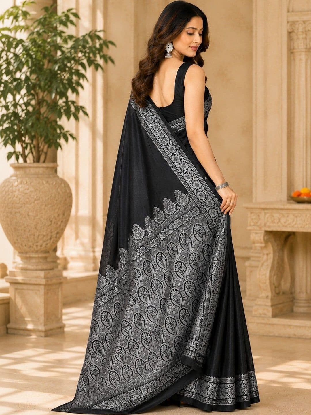 Prisan Women Black Woven Banarasi Soft Silk Saree with Unstitched Blouse thumbnail 3