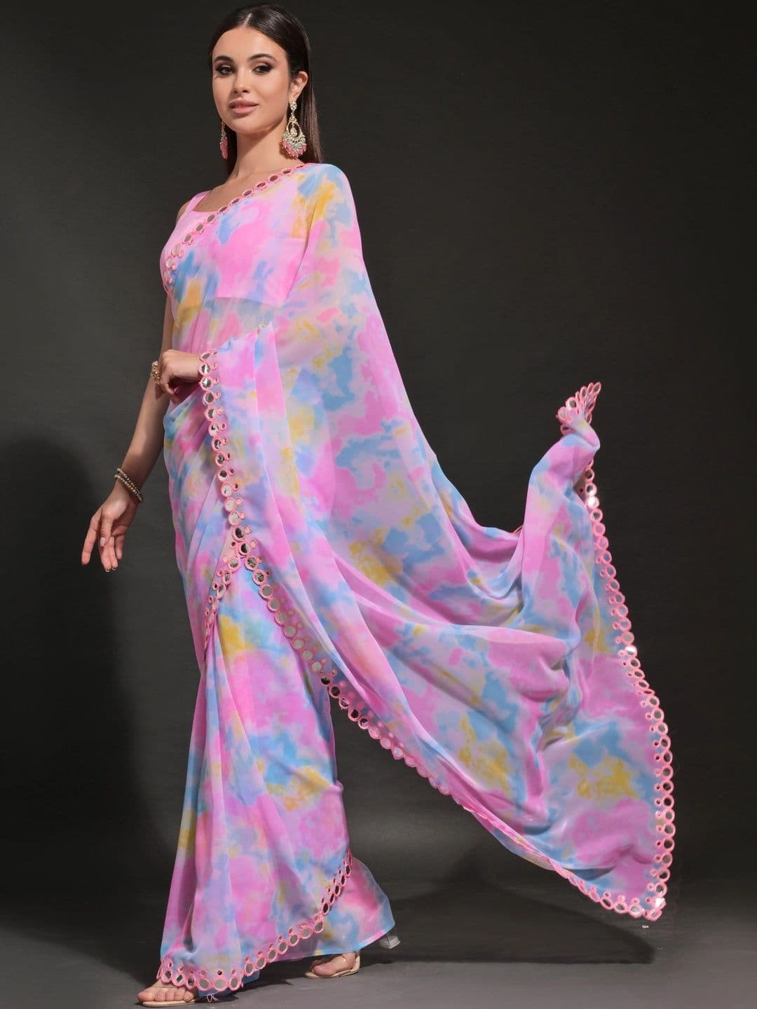 Mitera Tie and Dye Mirror Work Pure Georgette Saree thumbnail 2