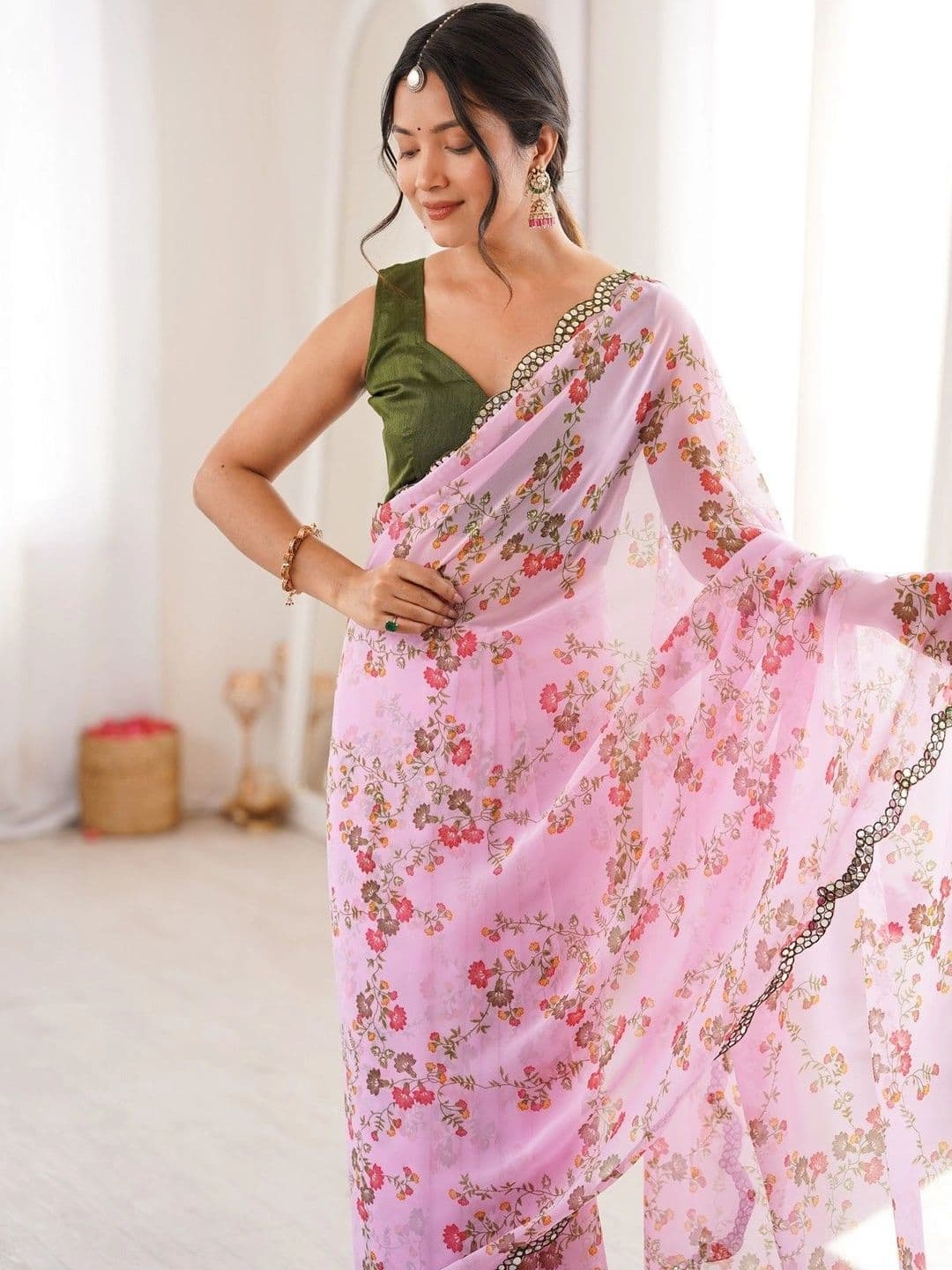 Mitera Floral Mirror Work Poly Georgette Saree thumbnail 6