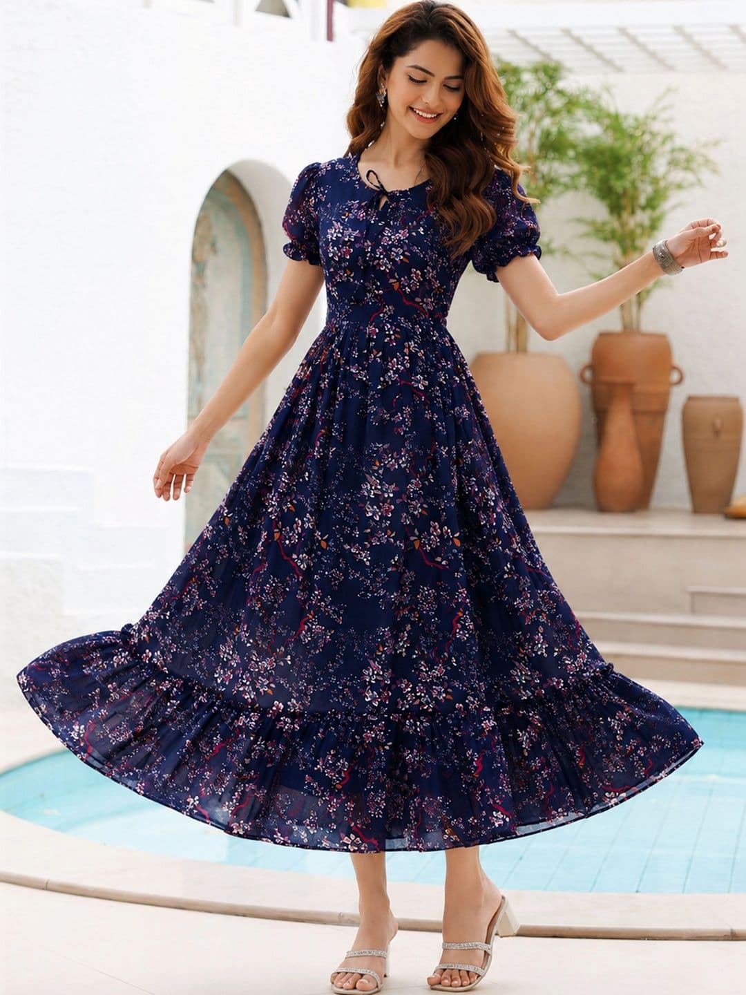 QENA Floral Print Puff Sleeve Georgette A-Line Midi Dress - view 1