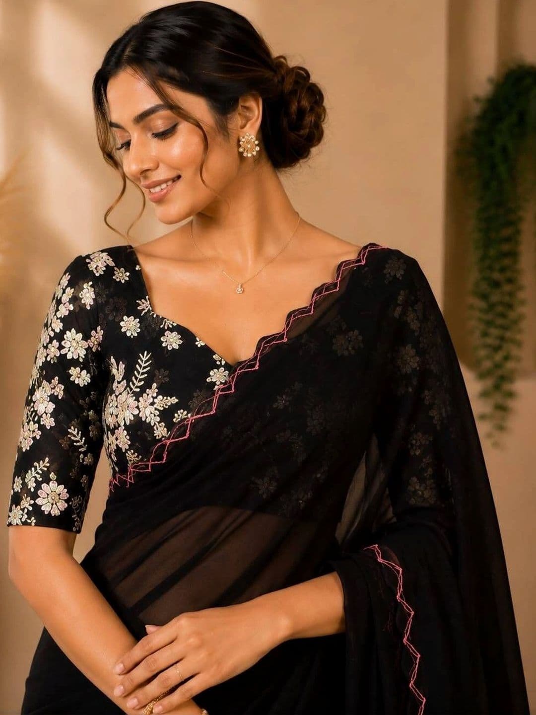 Vastra Drape Floral Embroidered Poly Georgette Saree thumbnail 3