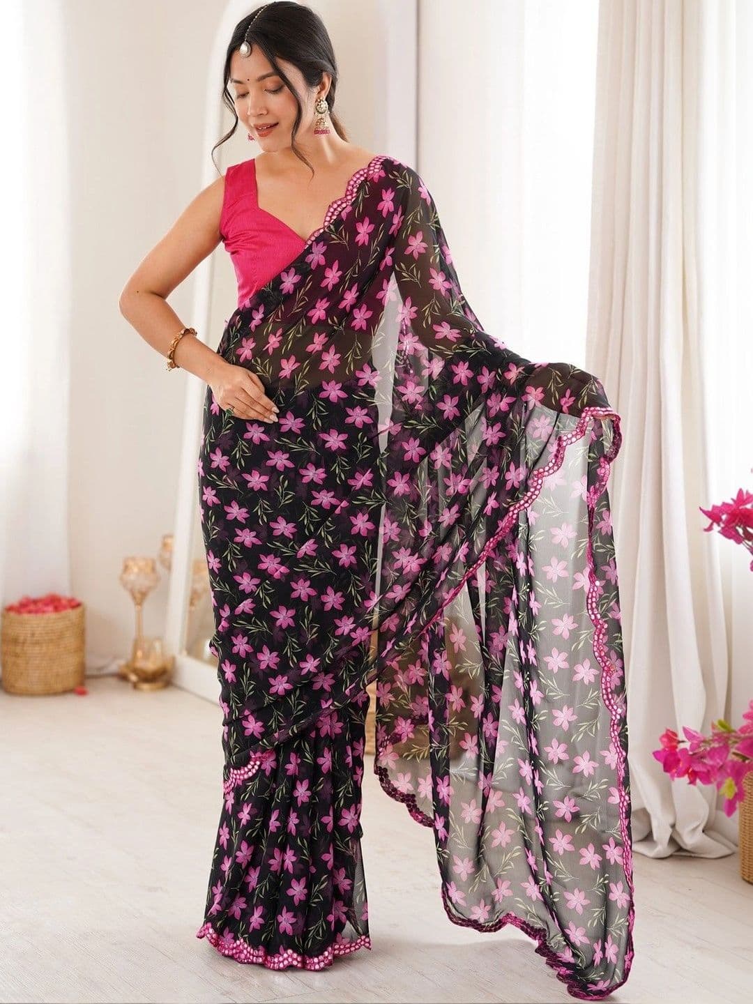 Mitera Floral Mirror Work Poly Georgette Saree thumbnail 3