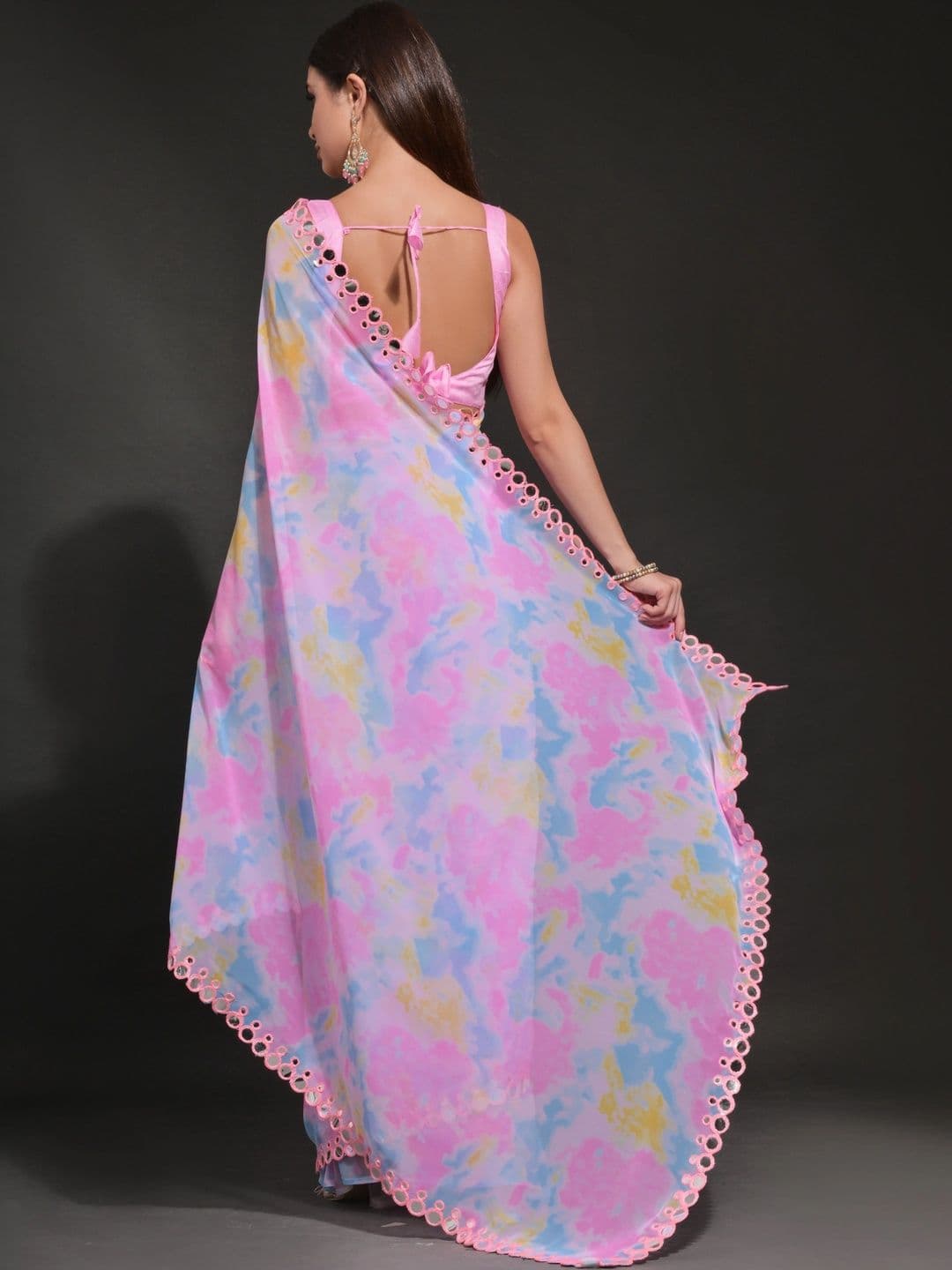 Mitera Tie and Dye Mirror Work Pure Georgette Saree thumbnail 3