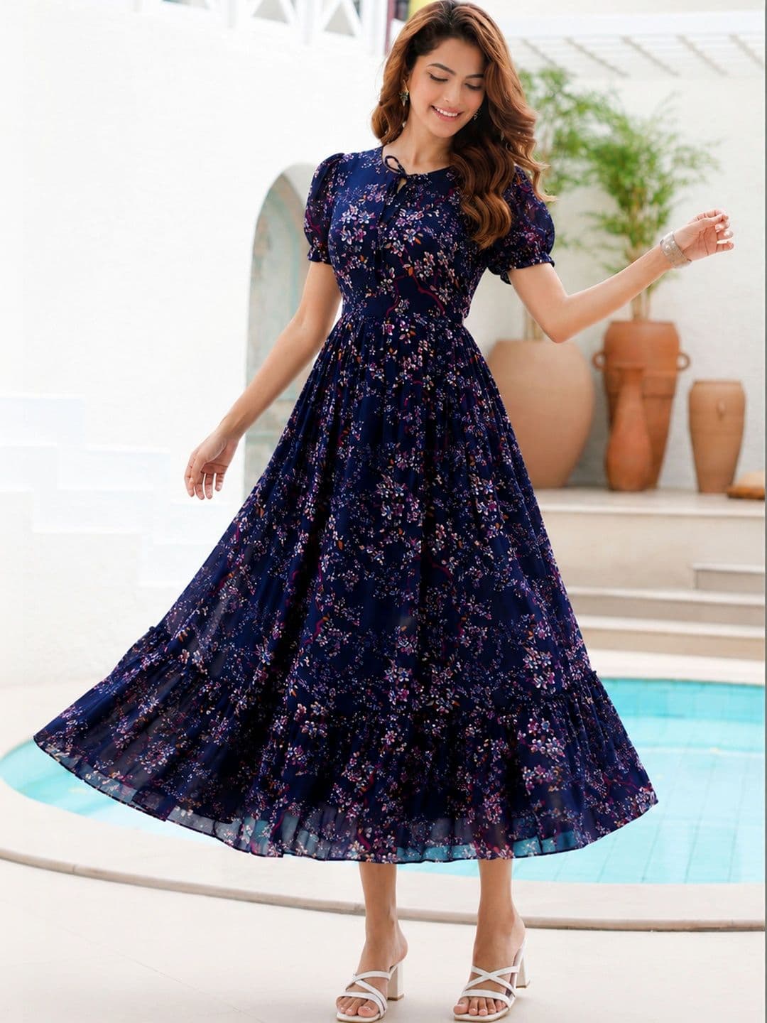 QENA Floral Print Puff Sleeve Georgette A-Line Midi Dress thumbnail 4
