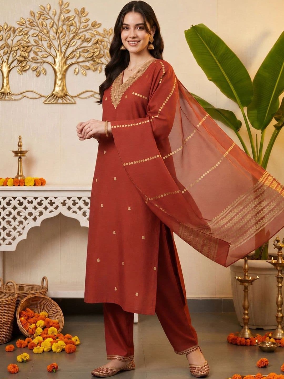 Indo Era Women Ethnic Motifs Embroidered Regular Kurta with Trousers & With Dupatta thumbnail 6