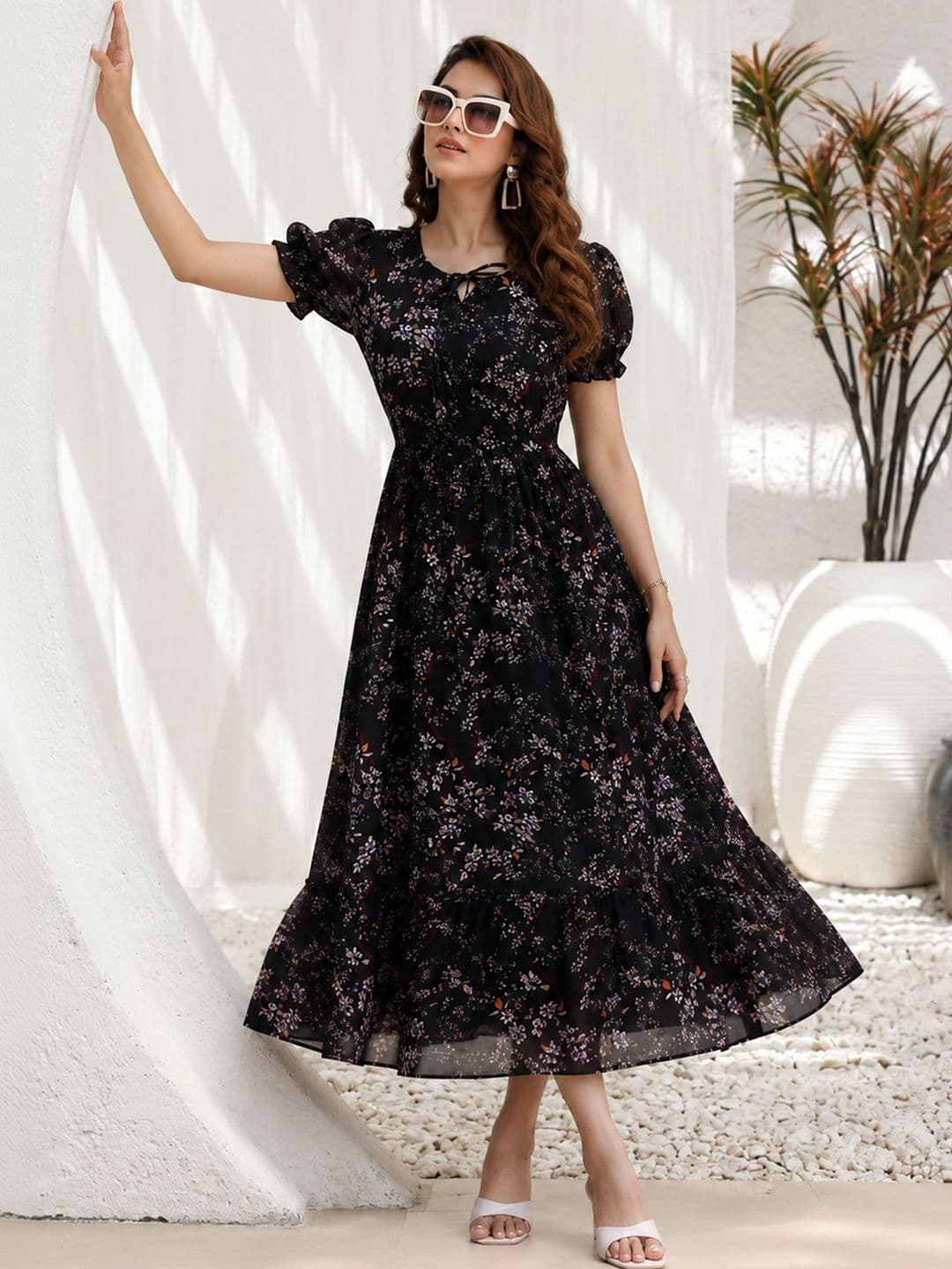 QENA Floral Print Puff Sleeve Georgette A-Line Maxi Dress thumbnail 2