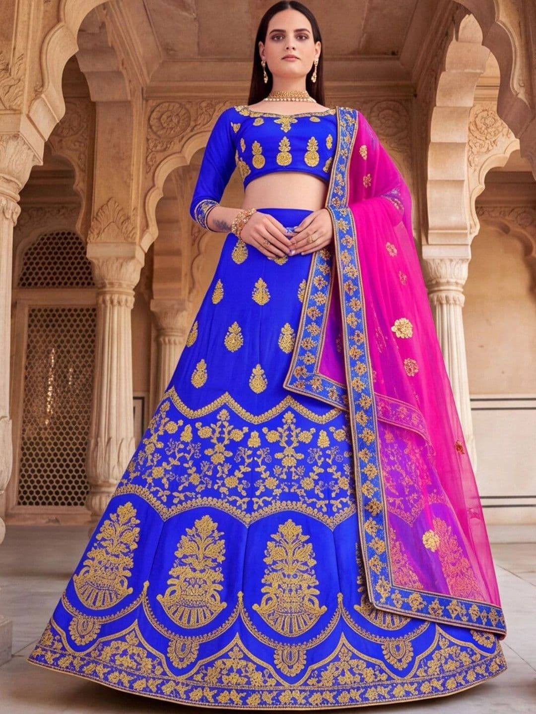 Sangria Embroidered Semi-Stitched Lehenga & Unstitched Blouse With Dupatta - view 1
