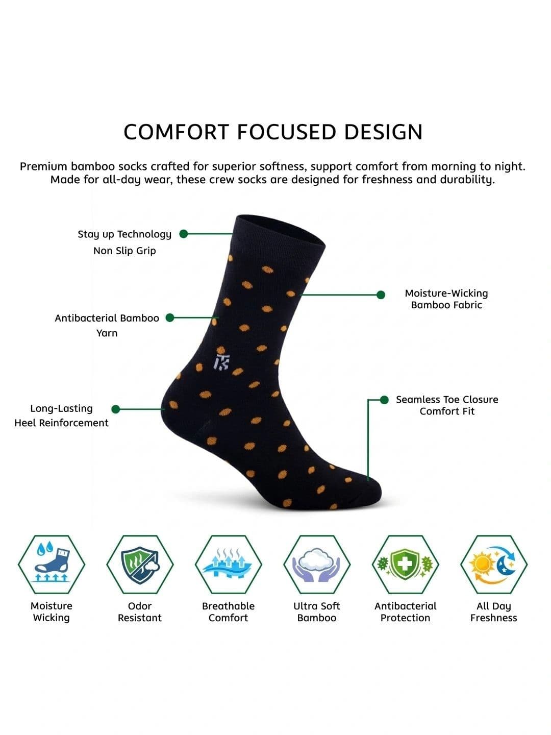 Kikitoes Men Pack of 2 Bamboo Crew Socks Striped Polka Dot Anti-Odour Moisture Wicking thumbnail 7