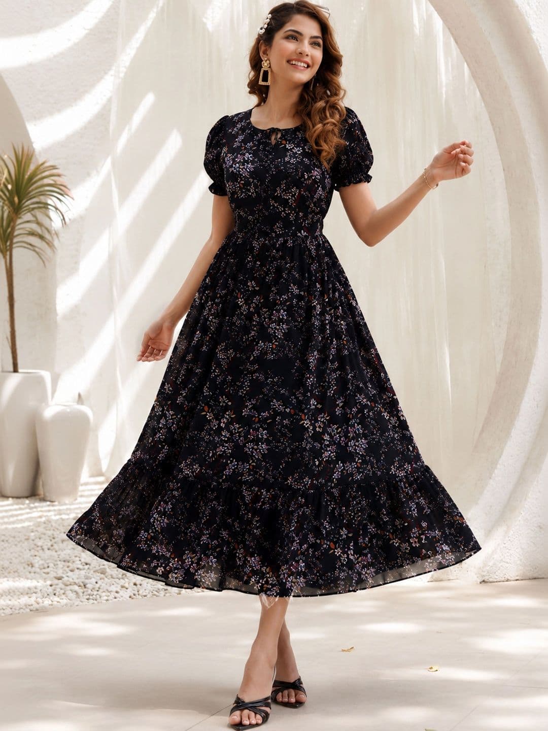 QENA Floral Print Puff Sleeve Georgette A-Line Maxi Dress thumbnail 3