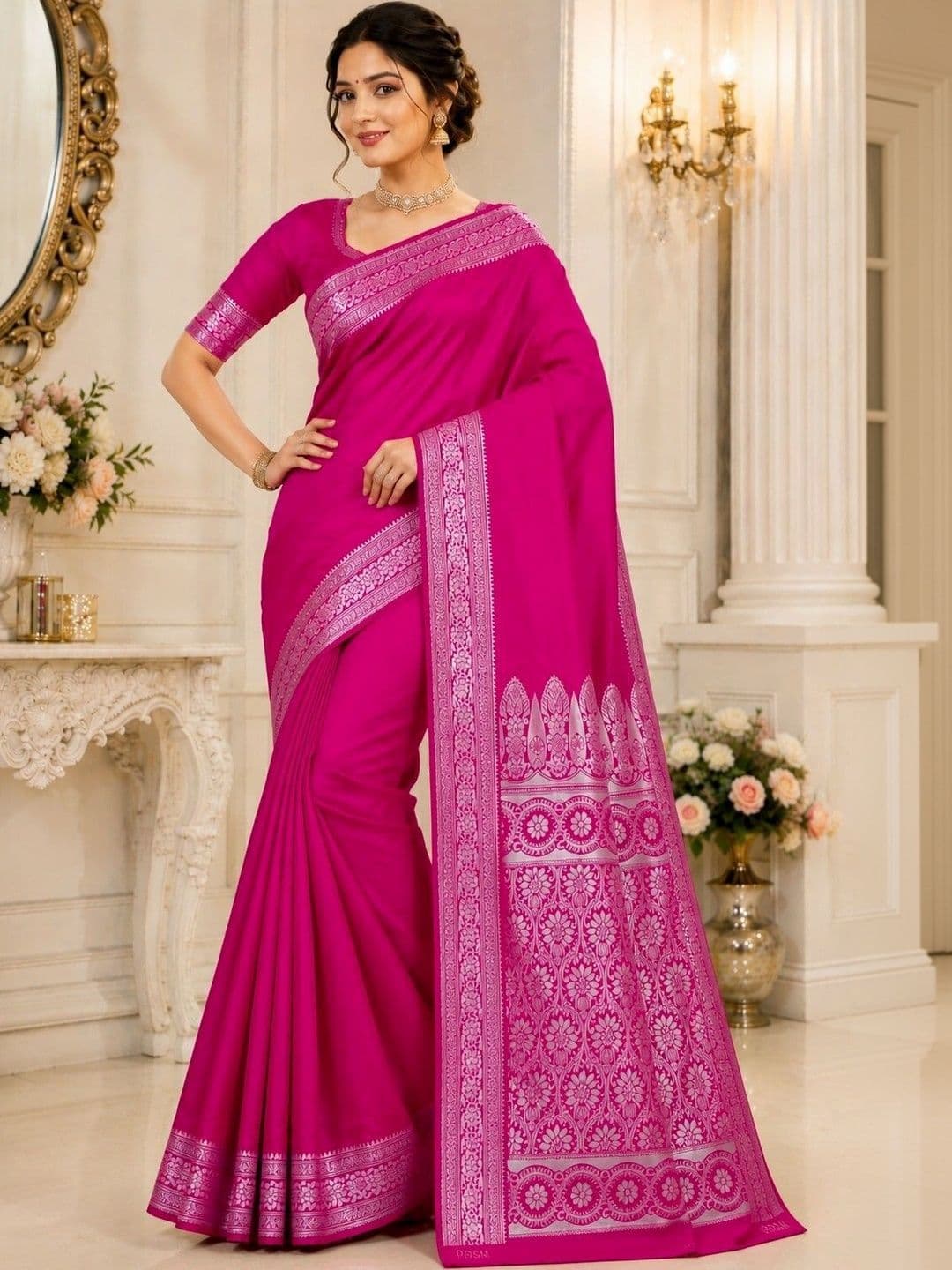 Prisan Women Rani Kumkum Woven Banarasi Soft Silk Saree with Unstitched Blouse thumbnail 2