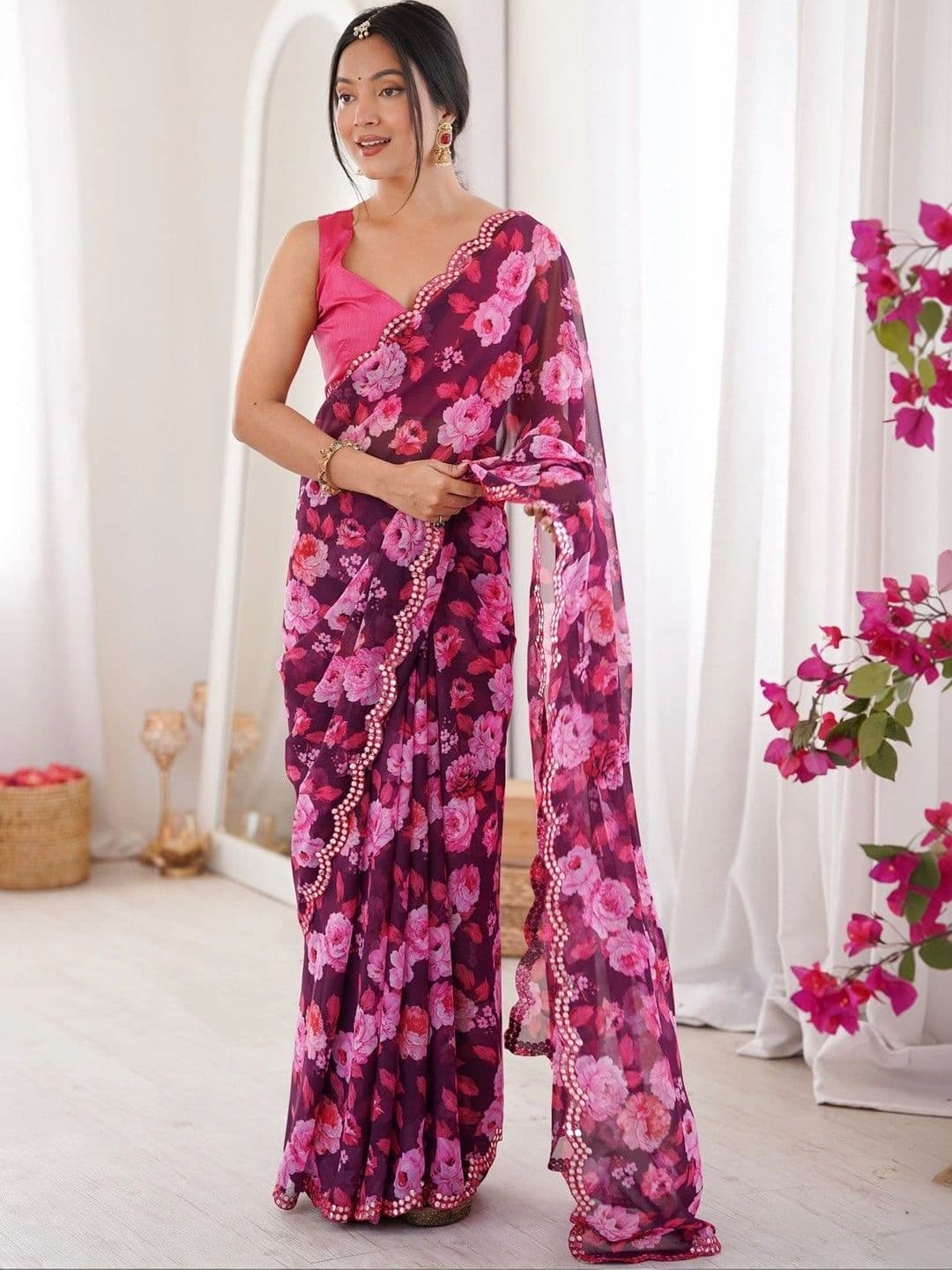 Mitera Floral Mirror Work Poly Georgette Saree thumbnail 4
