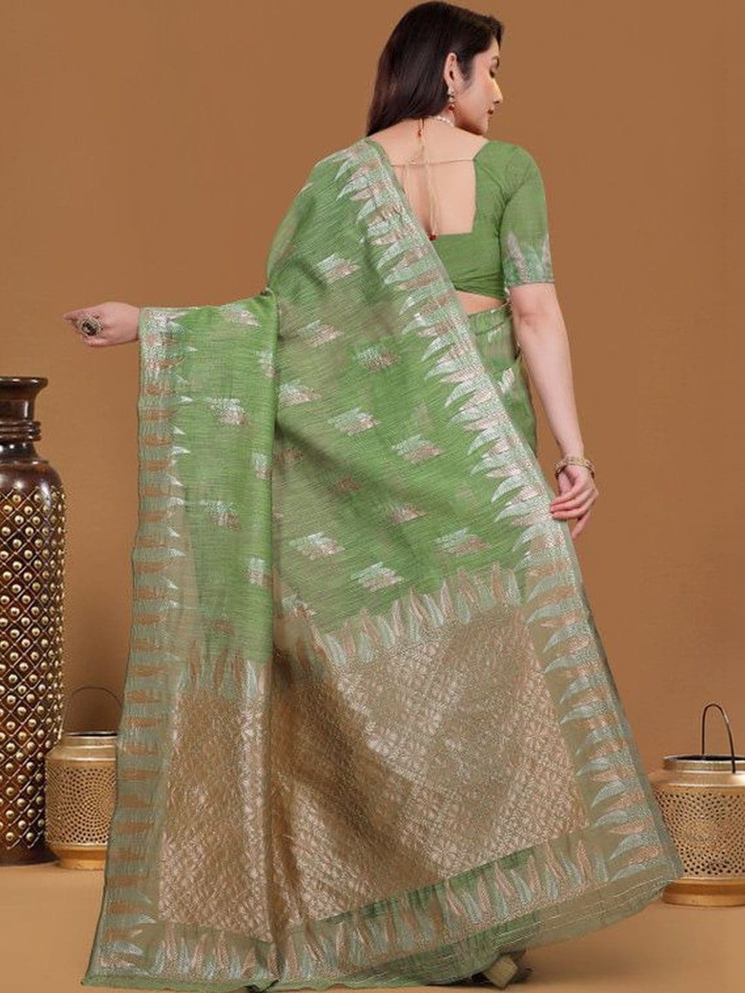 Prisan Women Parrot Green Woven Cotton Saree with Unstitched Blouse thumbnail 4