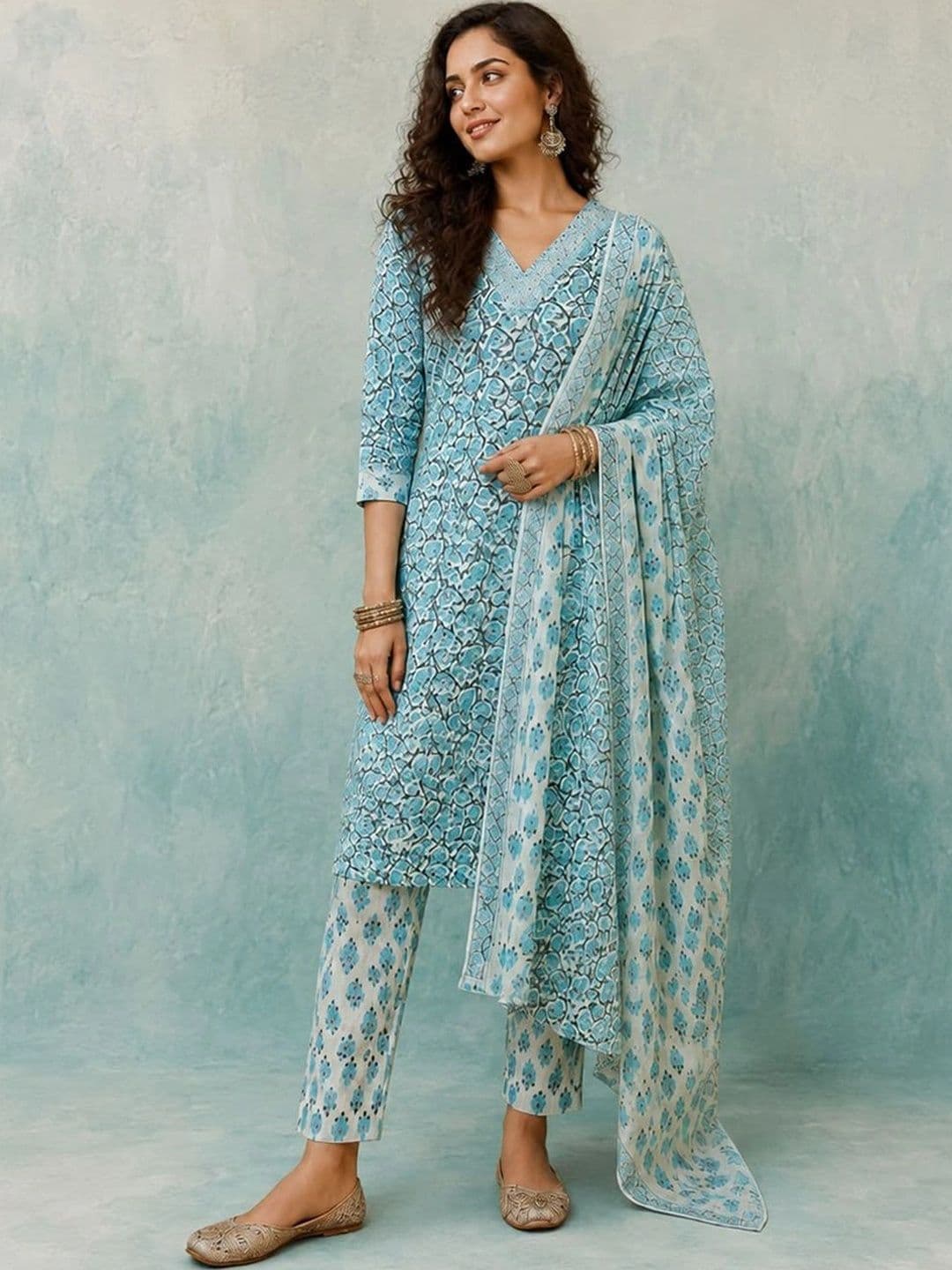 Varanga Women Floral Printed Regular Pure Cotton Kurta with Trousers & With Dupatta - view 1