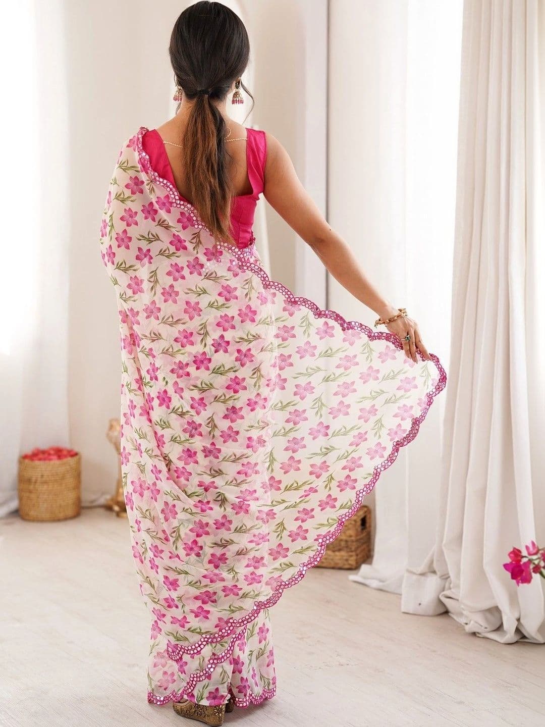 Mitera Floral Mirror Work Poly Georgette Saree thumbnail 3