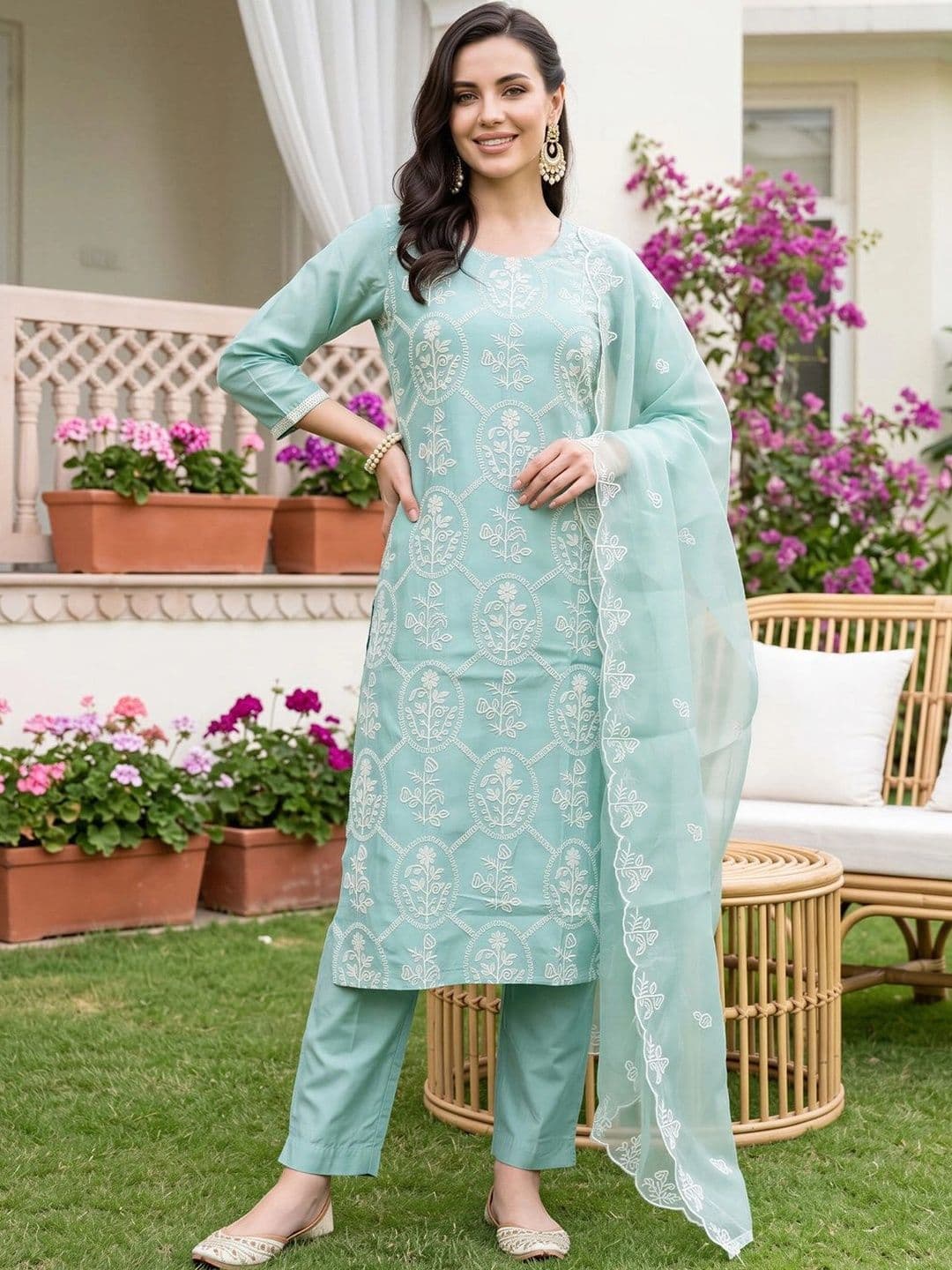 Indo Era Women Ethnic Motifs Embroidered Regular Thread Work Kurta with Trousers & With Dupatta thumbnail 4