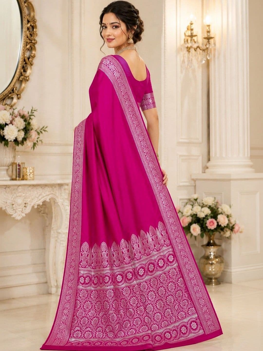 Prisan Women Rani Kumkum Woven Banarasi Soft Silk Saree with Unstitched Blouse thumbnail 6