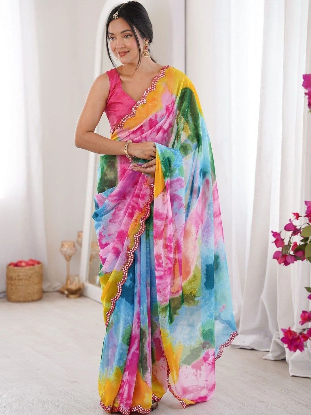 Mitera Tie and Dye Mirror Work Poly Georgette Saree - view 1