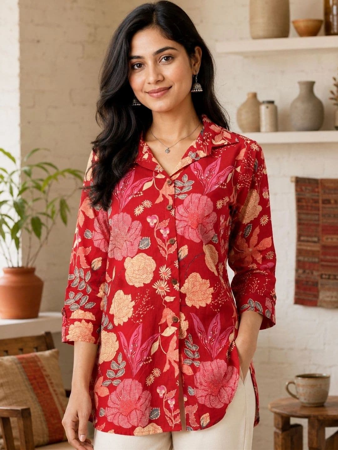 FERANOID Floral Printed Shirt Collar Pure Cotton Blend Kurti - view 1