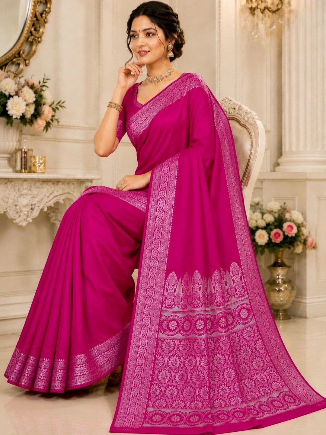 Prisan Women Rani Kumkum Woven Banarasi Soft Silk Saree with Unstitched Blouse thumbnail 4