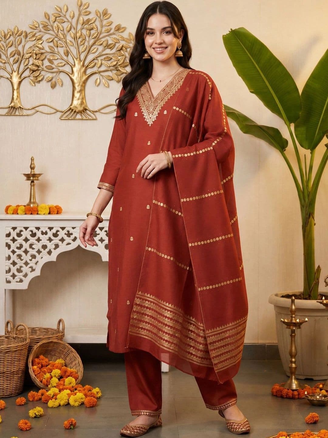 Indo Era Women Ethnic Motifs Embroidered Regular Kurta with Trousers & With Dupatta thumbnail 5