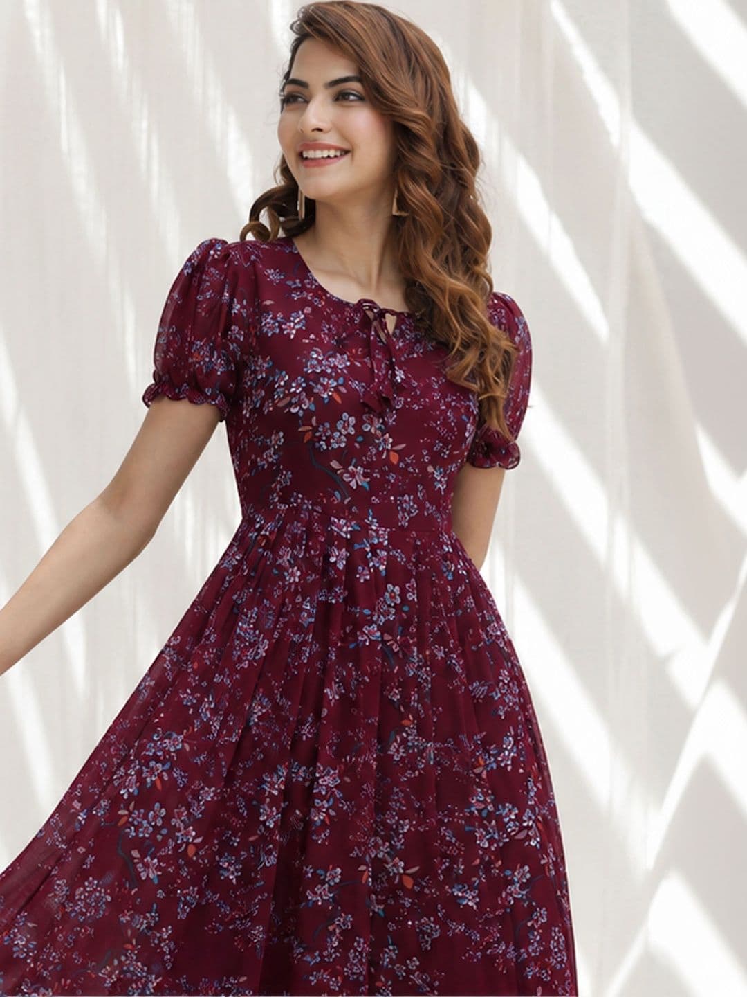 QENA Floral Print Puff Sleeve Georgette A-Line Midi Dress thumbnail 5