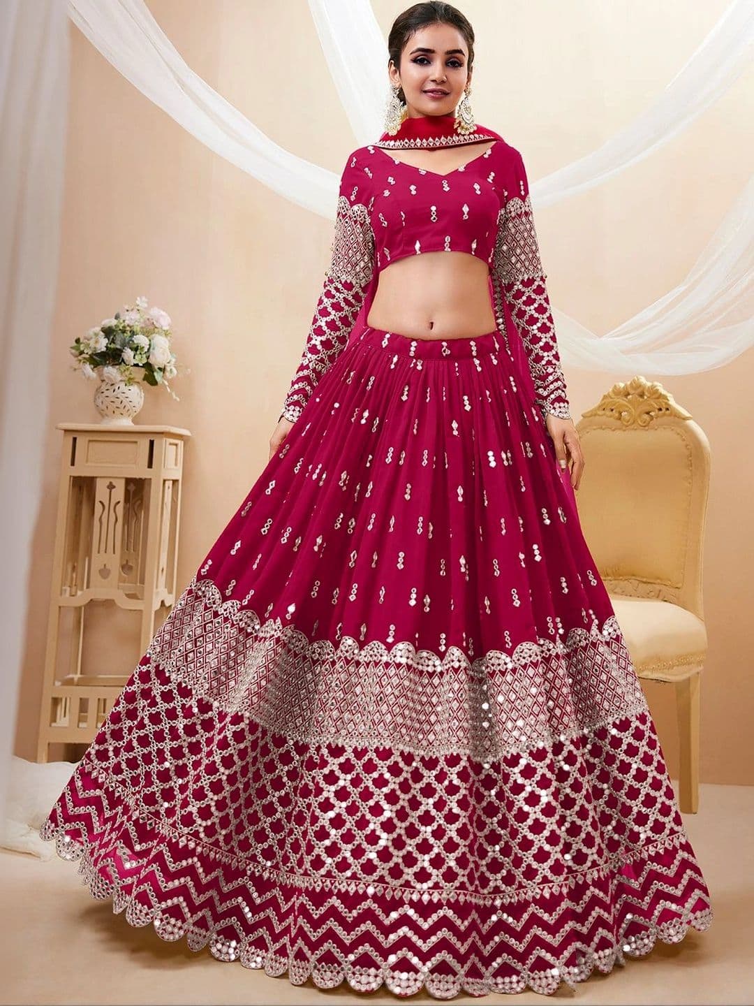 Zeel Clothing Embellished Mirror Work Semi-Stitched Lehenga & Unstitched Blouse With Dupatta thumbnail 6