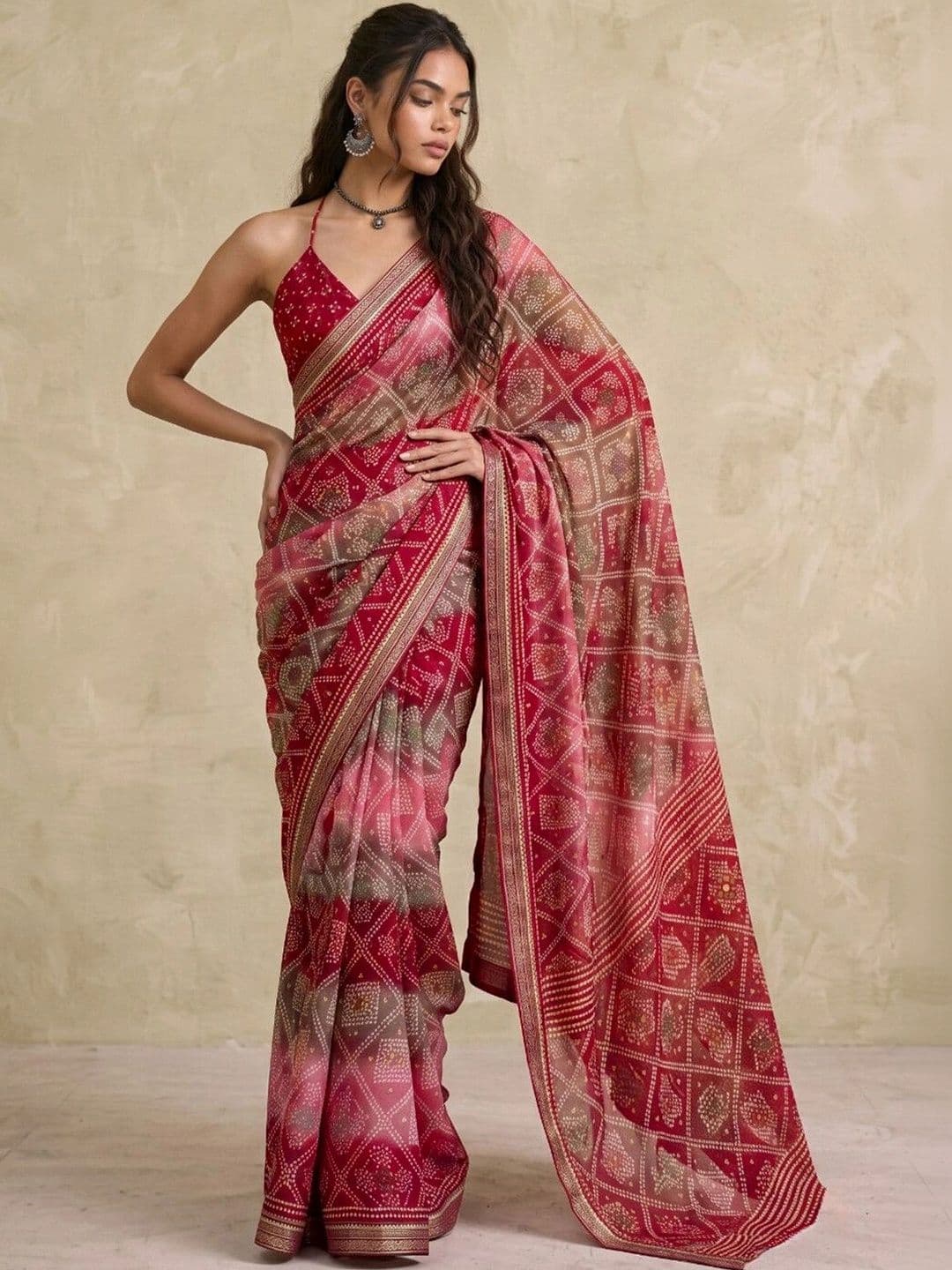 SAARA Bandhani Pure Georgette Saree thumbnail 3